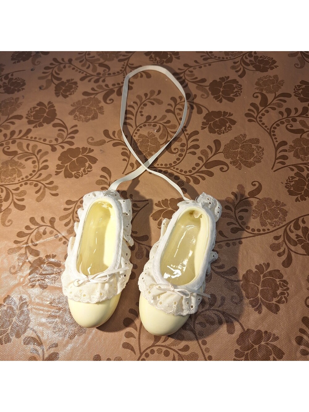 Vintage Ceramic Hanging Yellow Ballerina Slippers White Lace Trim 4"L X 2"W